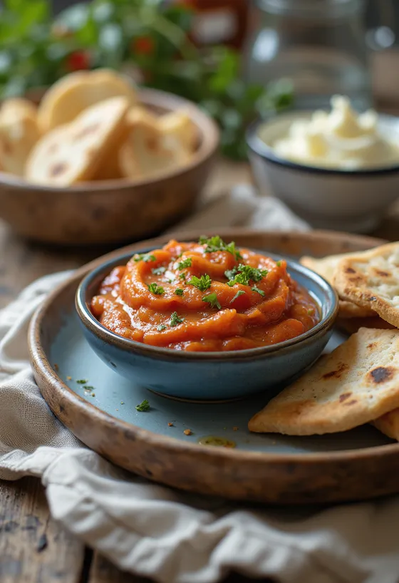 Matbucha met harissa, geserveerd met verse koriander en citroensap