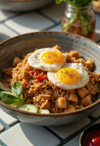Nasi Goreng met Kruidige Sojasaus, geserveerd met rijke kruiden en kruidige sojasaus