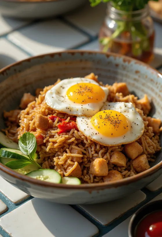 Nasi Goreng met Kruidige Sojasaus, geserveerd met rijke kruiden en kruidige sojasaus