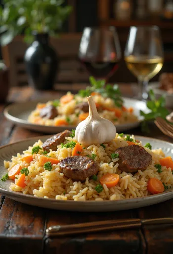 Pilaf met lamsvlees geserveerd