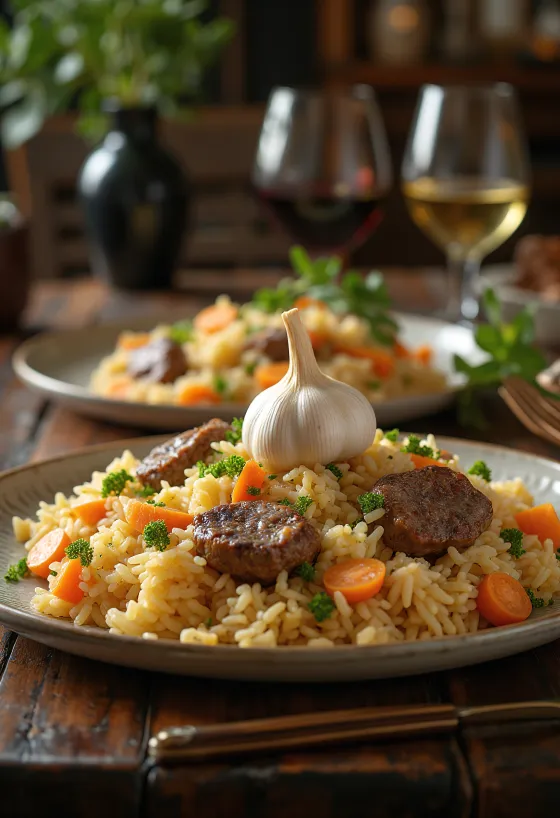 Pilaf met lamsvlees geserveerd