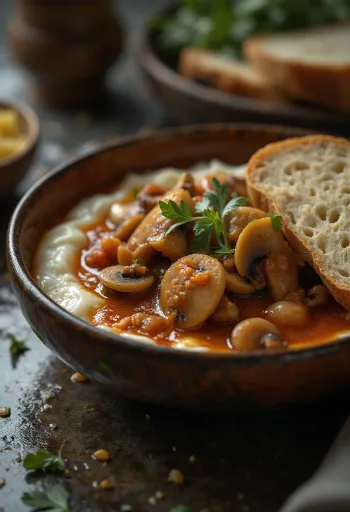 Paddenstoelenpaprikash, rijk aan zure room en geserveerd met verse peterselie