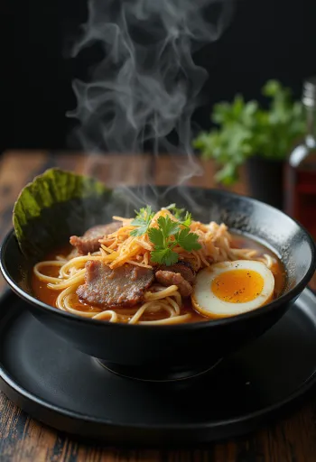Ramen met gebakken gerookt vlees, geserveerd met gekookt ei en koriander