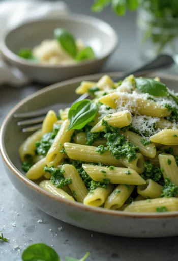 Romige pasta met spinazie bestrooid met verse parmezaanse kaas, geserveerd op een wit bord.