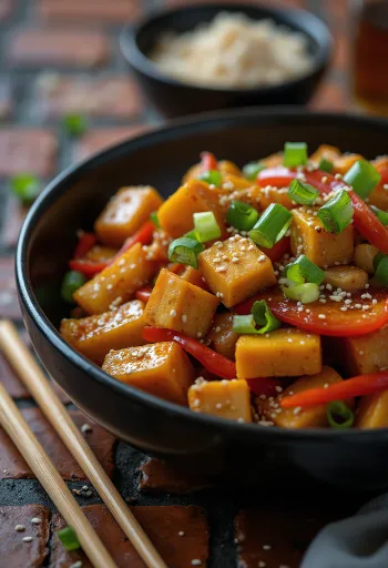 Pompoenwok met tofu geserveerd