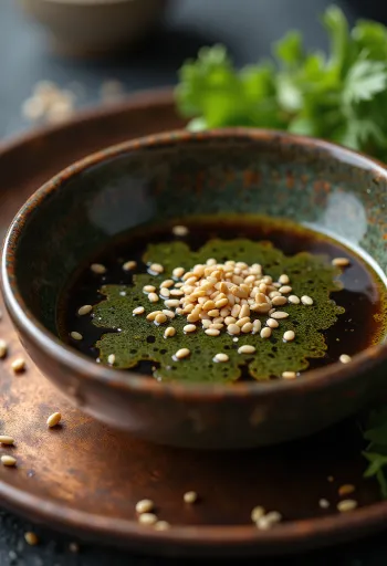 Donkere sojasaus met groene wasabi in een kom