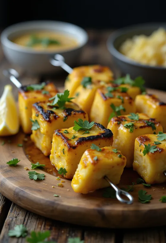 Achari paneer tikka gegrilde stukjes paneer, gekruid in yoghurtmarinade, geserveerd met verse koriander en citroen