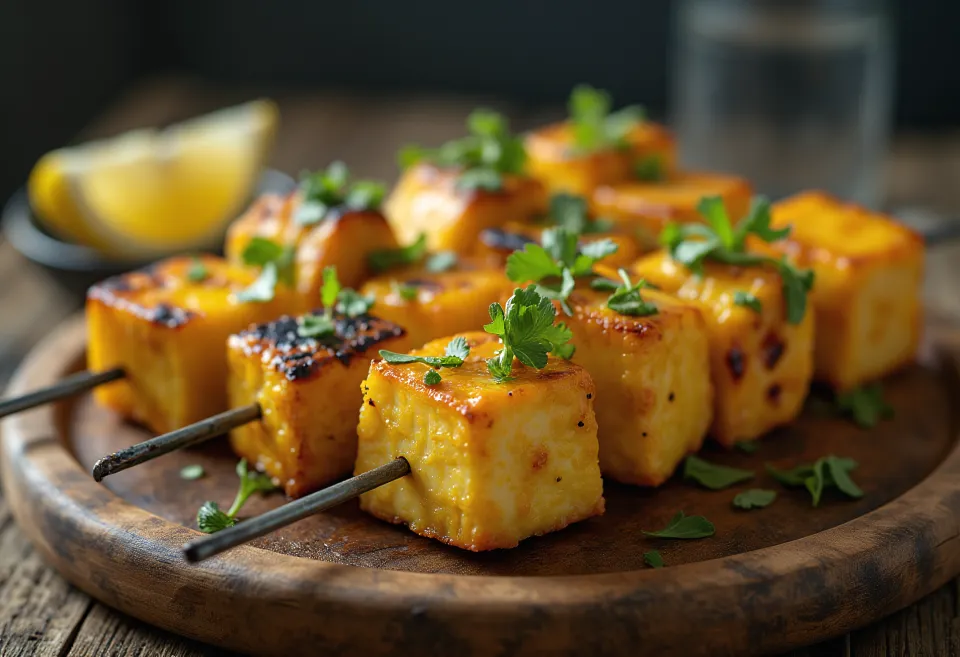 Achari paneer tikka gegrilde stukjes paneer, gekruid in yoghurtmarinade, geserveerd met verse koriander en citroen