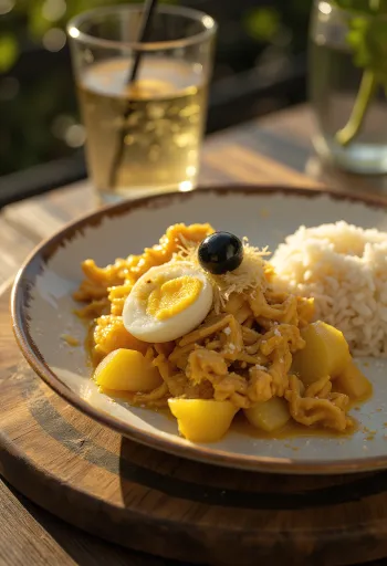 Ají de Gallina met ui geserveerd, met gekookt ei en amandelschaafsel