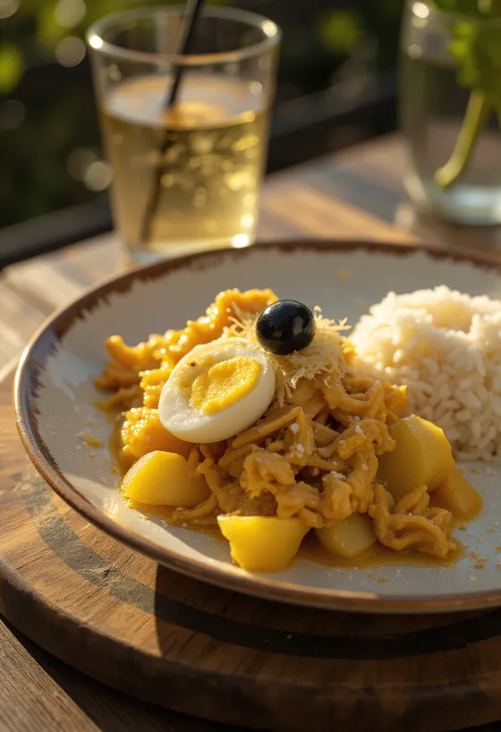 Ají de Gallina met ui geserveerd, met gekookt ei en amandelschaafsel