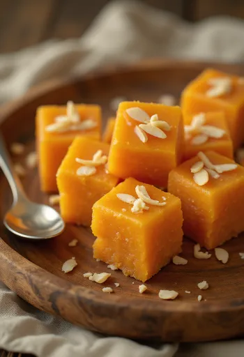 Wortel Barfi, geserveerd met amandelen en saffraansmaak