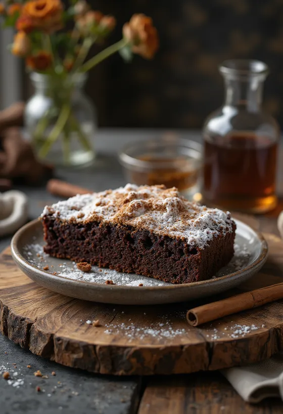 Kaneel-chocoladetaart op een bord