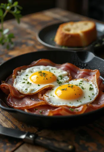 Gerookte ham met gebakken eieren, geserveerd met vers brood