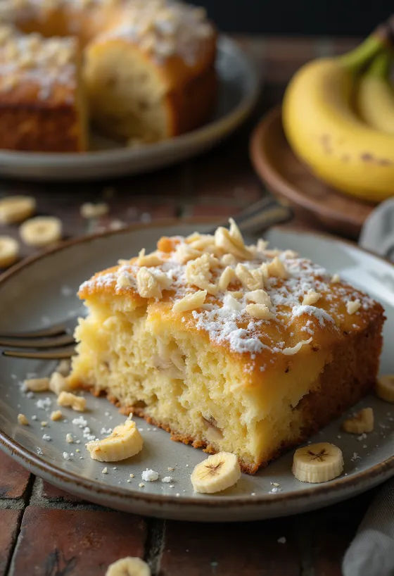 Kokos-bananentaart bestrooid met poedersuiker en versierd met kokosrasp