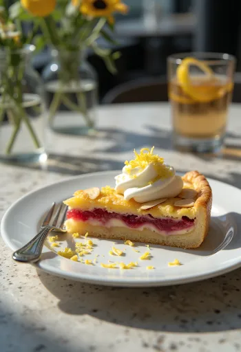 Bakewell tart met citroencrème, amandelvulling en jam