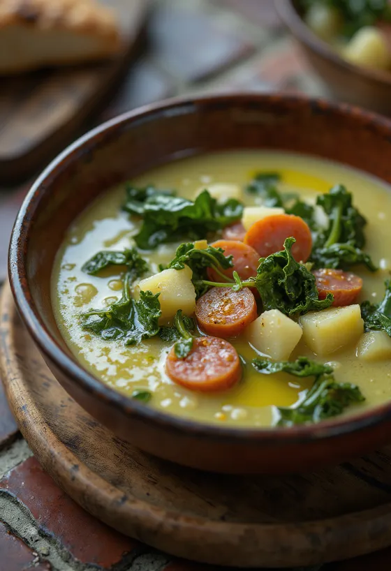 Caldo Verde soep geserveerd met chorizo