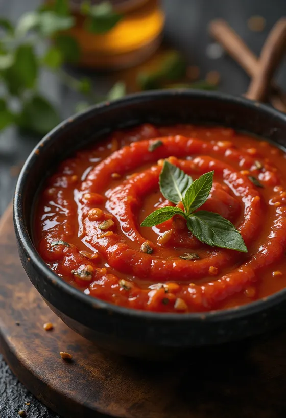 Pittige tomatensaus geserveerd met pasta