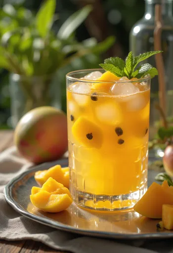 Vers geserveerde mango-passievrucht cider