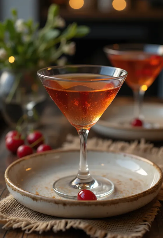 Manhattan cocktail versierd met cocktailkers en sinaasappelschil