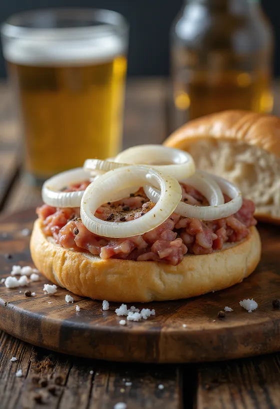 Mettbrötchen geserveerd met verse ui
