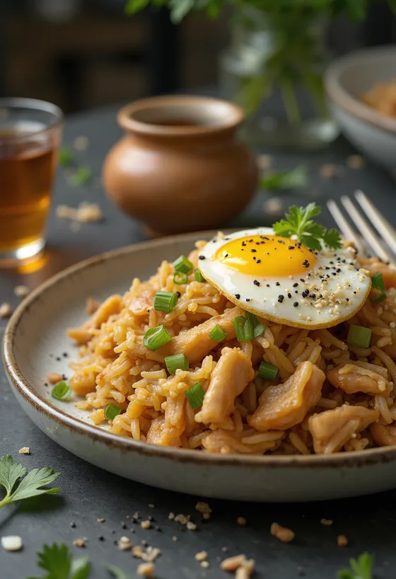 Nasi Goreng met Gember, geserveerd met rijke kruiden en verse gember