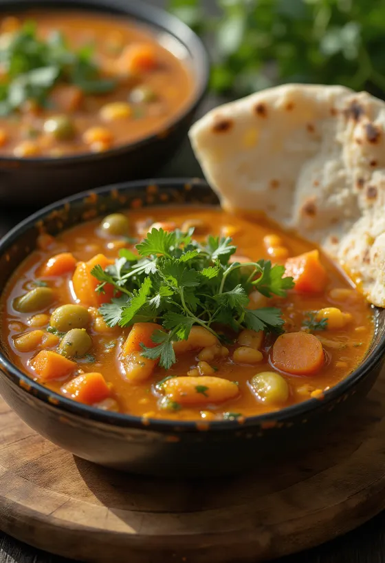 Sambar met koriander, versierd met verse koriander, geserveerd