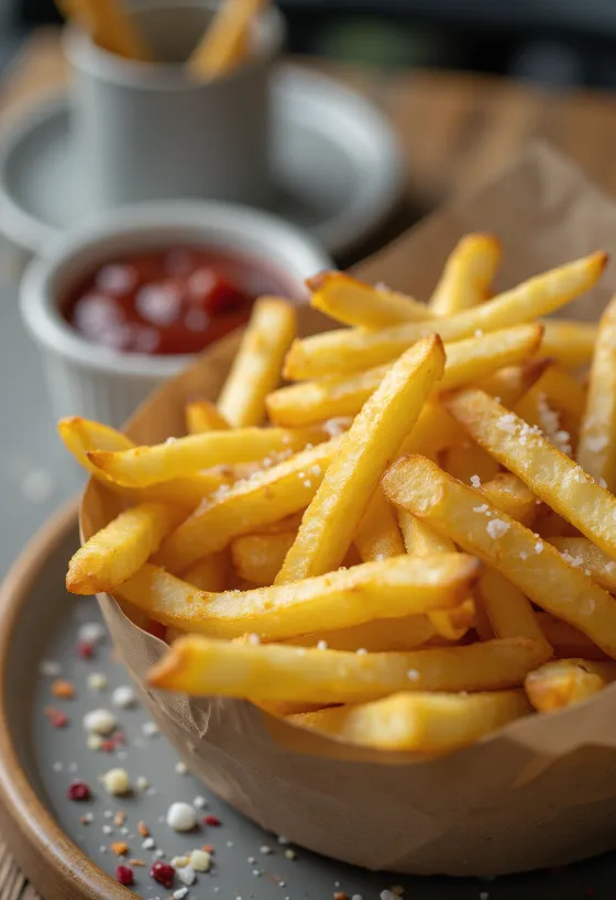 Goudbruin gebakken frietjes, knapperig gebakken en bestrooid met verse groene kruiden.