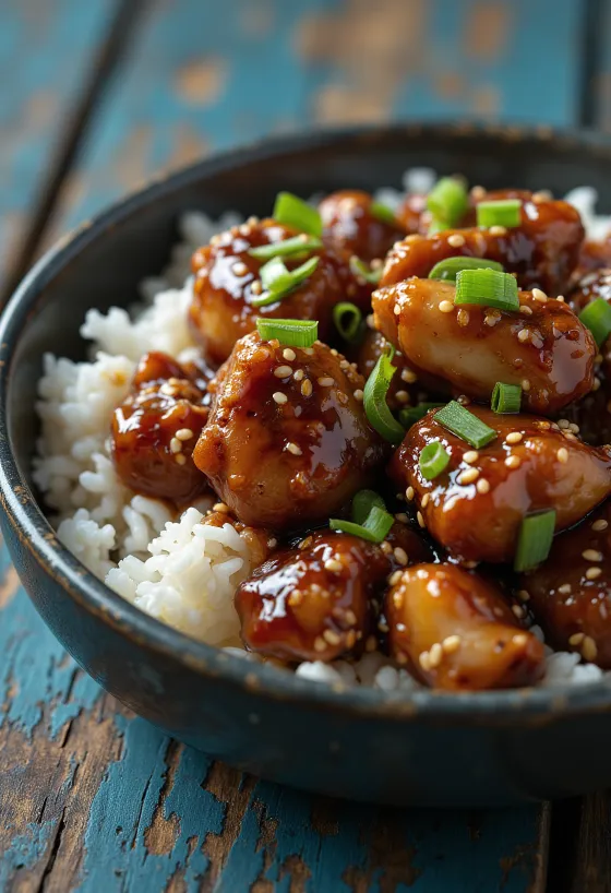 Teriyaki kip geserveerd met sesamzaad en lente-ui