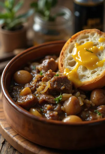 Carbonnade Flamande geserveerd met aardappelpuree