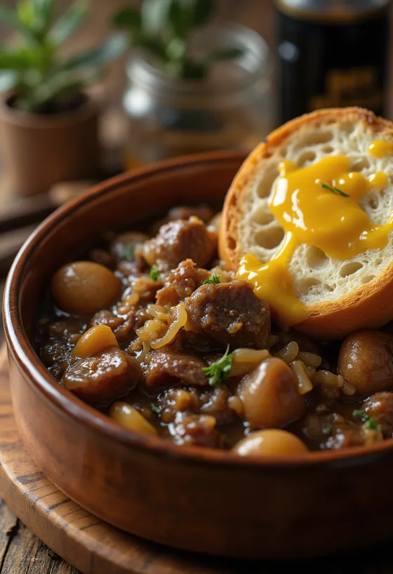 Carbonnade Flamande geserveerd met aardappelpuree