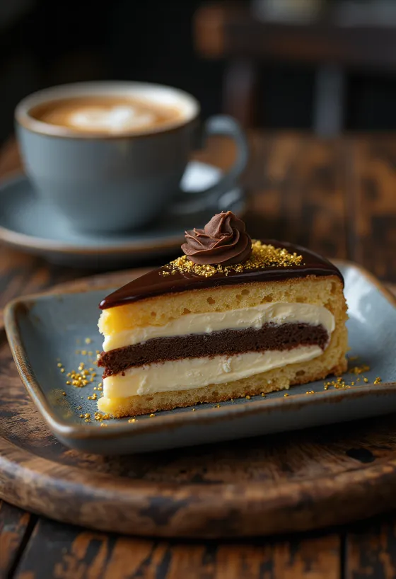 Franse operataart met chocoladeganache-lagen en espressasmaak
