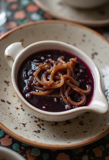 Kruidige rodewijn-uienjus geserveerd