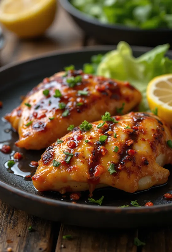 Gegrilde kipfilet met zoet-pittige glazuur geserveerd