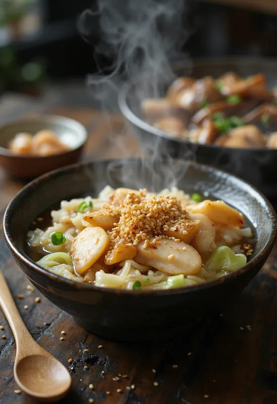 Kiritanpo nabe met Chinese kool, geserveerd met kippenvlees en rijststaven