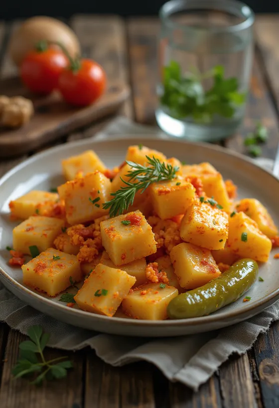 Pasta met aardappelen geserveerd met gebakken ui en paprikapoeder