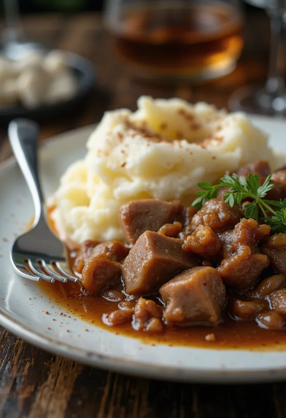 Rundergoulash geserveerd met aardappelpuree