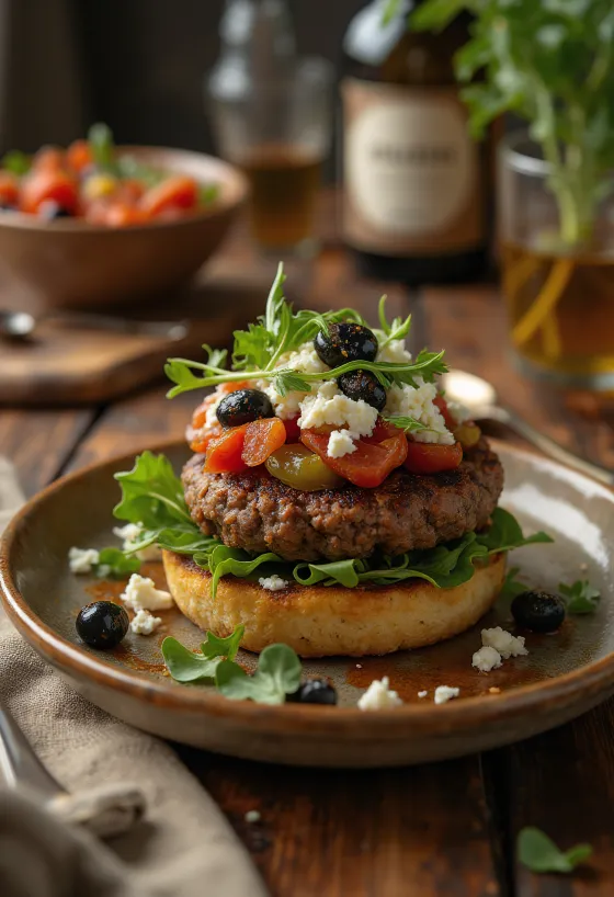 Mediterrane burger geserveerd met feta en groenten