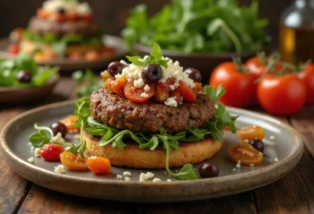 Mediterrane burger geserveerd met feta en groenten