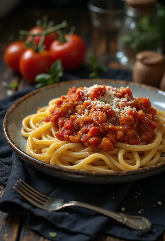 Pasta met tomatensaus, verse basilicum en geraspte parmezaanse kaas