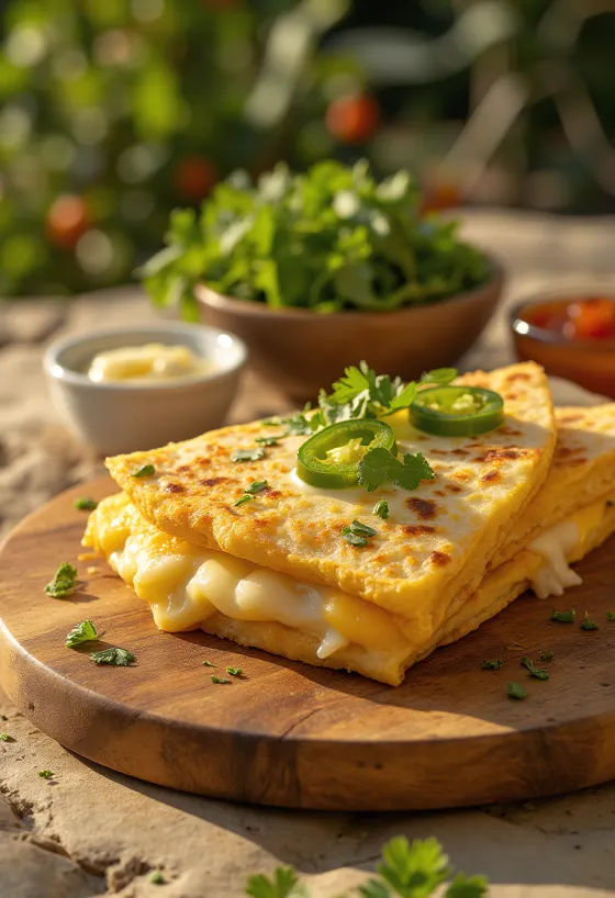 Quesadilla pancake met kaas en kip geserveerd