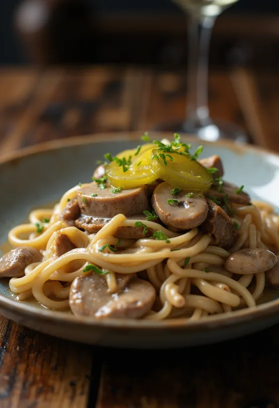 Biefstuk Stroganoff geserveerd met zijdezachte zure roomsaus