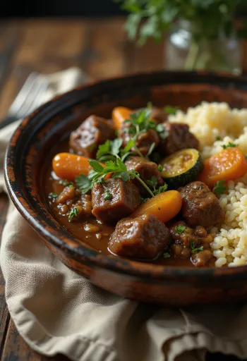 Klassieke tagine met rundvlees, groenten en kruidige saus