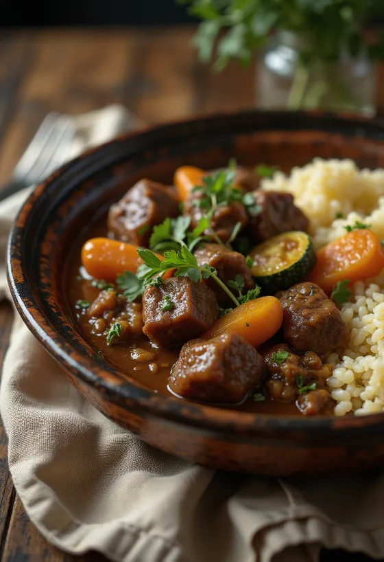 Klassieke tagine met rundvlees, groenten en kruidige saus