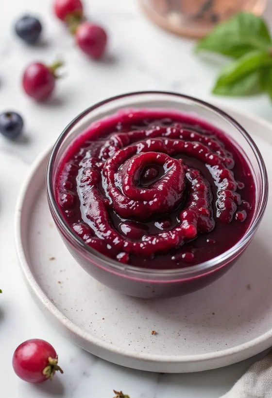 Rode wijn-rozenbottelsaus in een kom, versierd met verse rozemarijn.