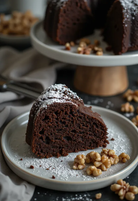 Chocolade-walnotentaart geserveerd op een bord