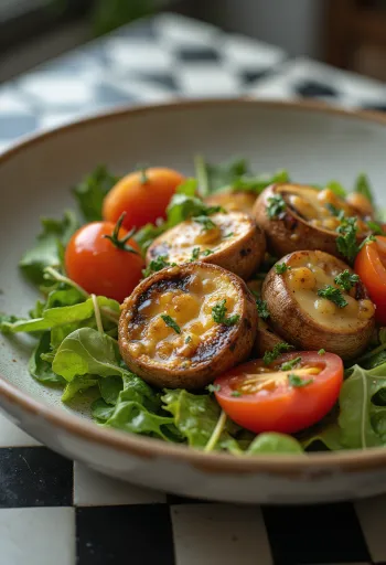 Salade met gegrilde champignons en verse groenten
