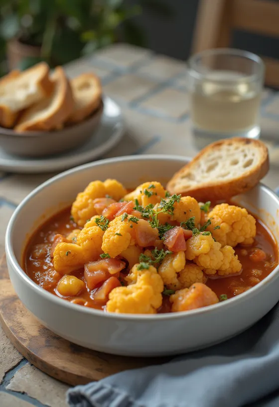 Gekruide bloemkoolstoofpot in sappige tomatenbasis, bestrooid met verse peterselie.