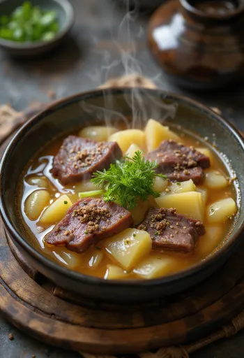 Nikujaga met rundvlees, gestoofd met aardappel, prei en sojasaus