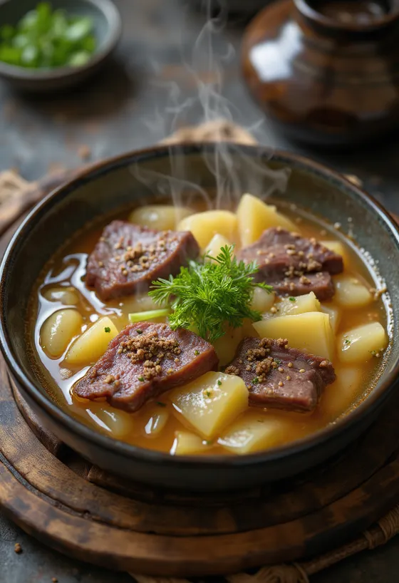 Nikujaga met rundvlees, gestoofd met aardappel, prei en sojasaus