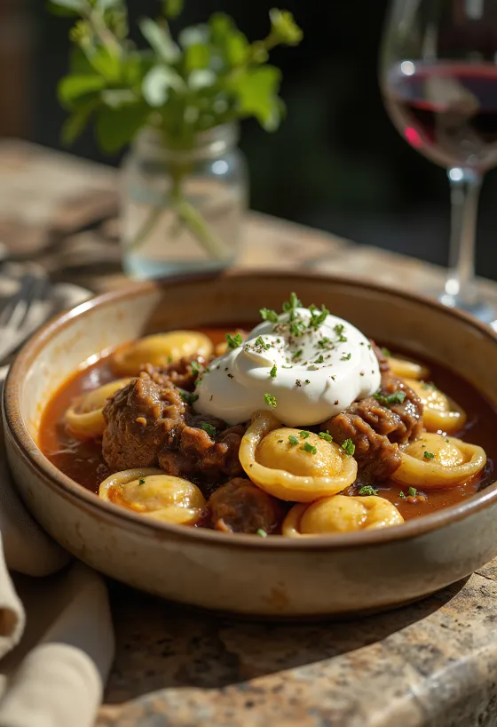 Rundergoulash geserveerd met spätzle en zure room